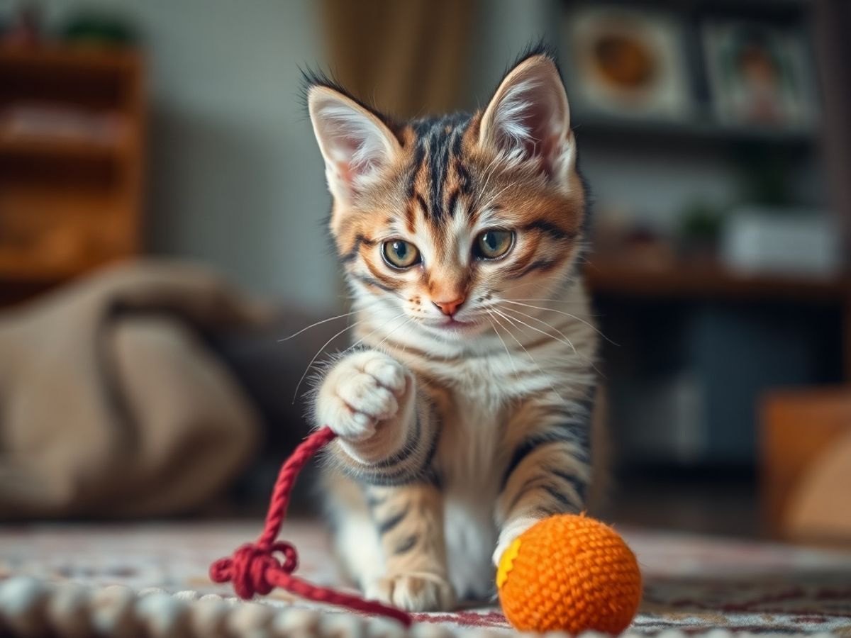 Gato brincando com um brinquedo em casa.