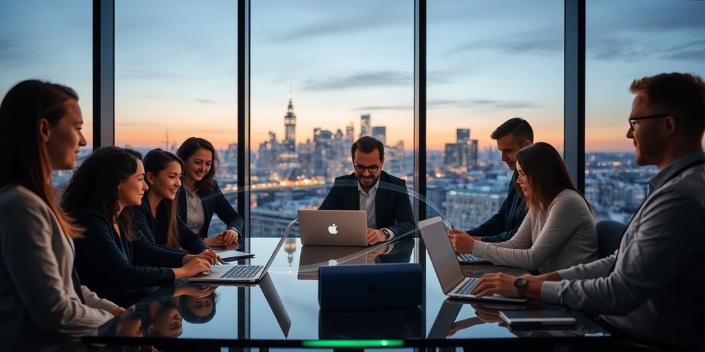 Professionals collaborating around laptops with glowing city skyline at dusk.
