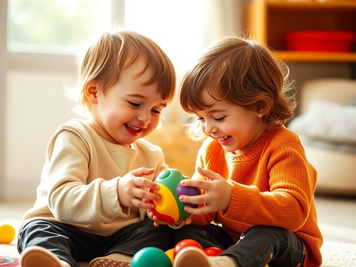 Doi copii se joacă împreună zâmbind.