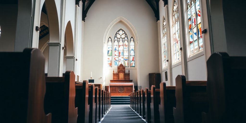 Clean church interior with pews and stained glass windows.