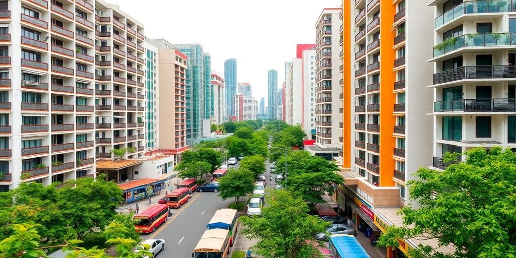 Bangkok cityscape with apartments and local markets.