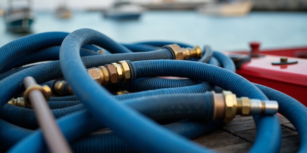 Close-up of marine fuel lines and tools.