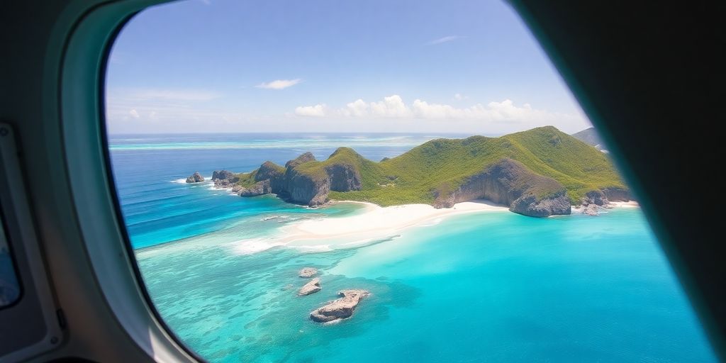 A helicopter flying over the tropical island of La Digue.