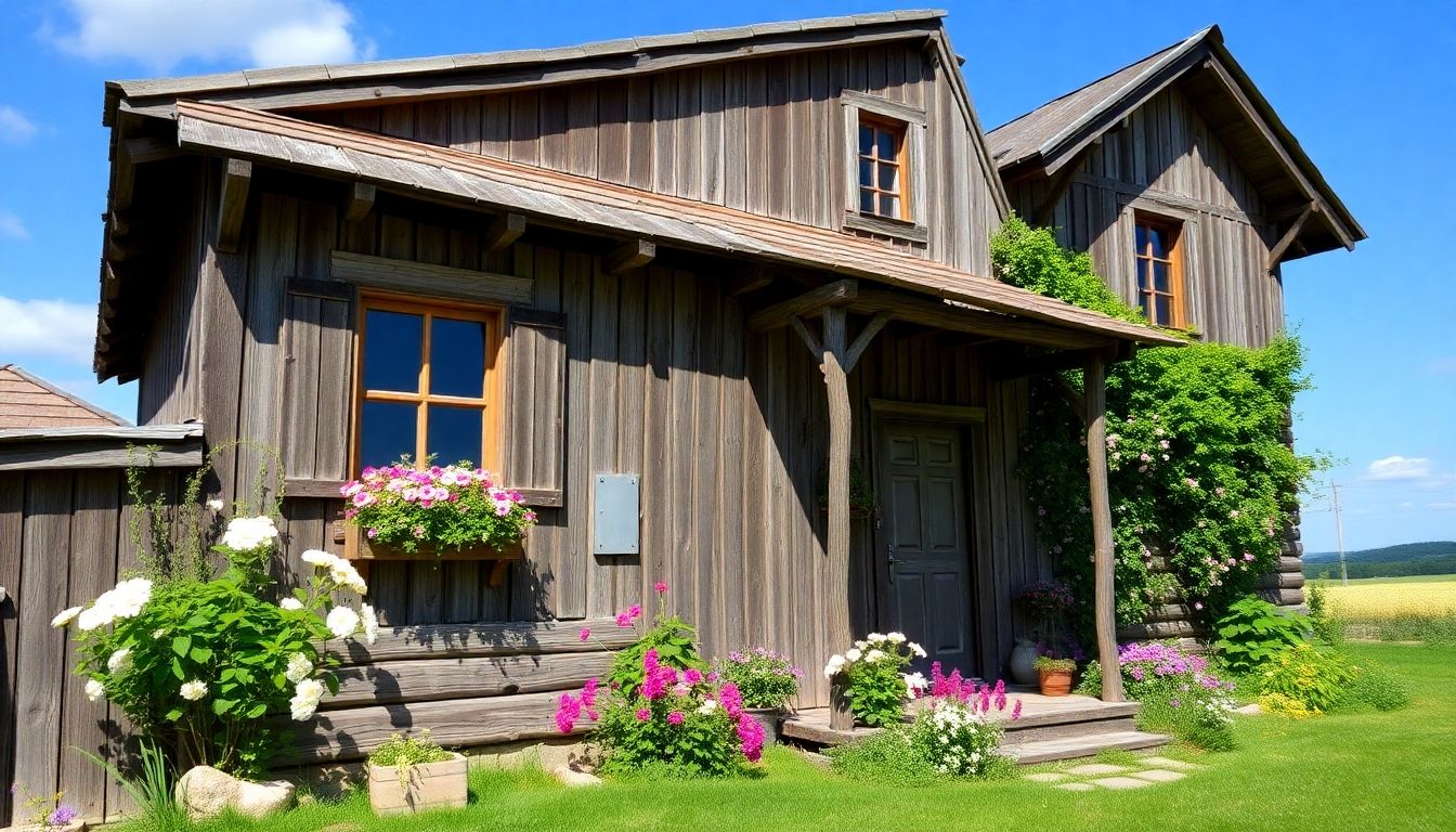 Rustic farmhouse with flowers and clear blue sky.