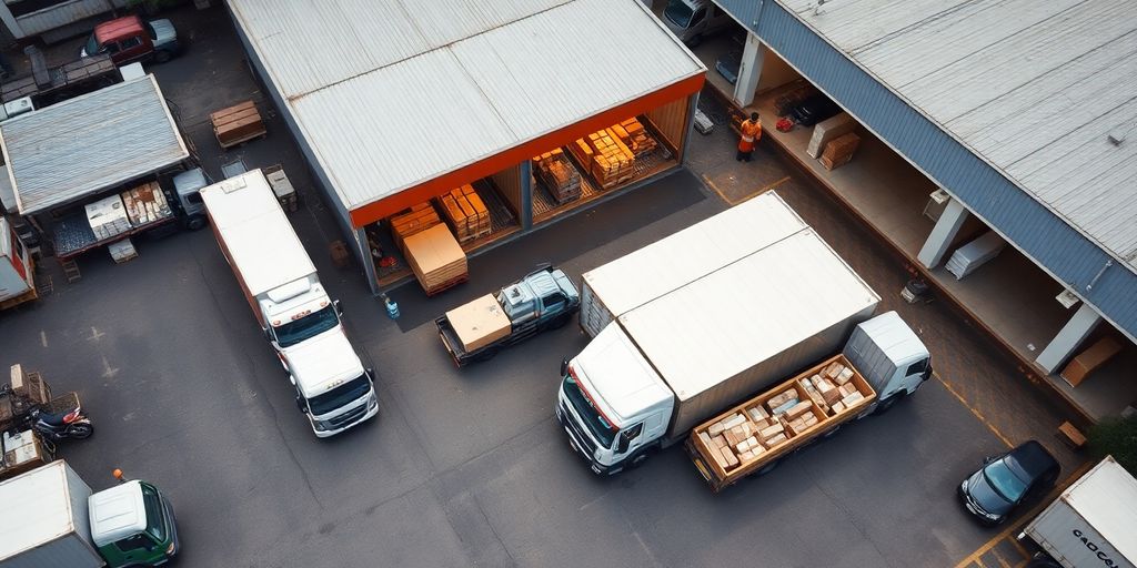 Logistics facility with trucks in a busy area.