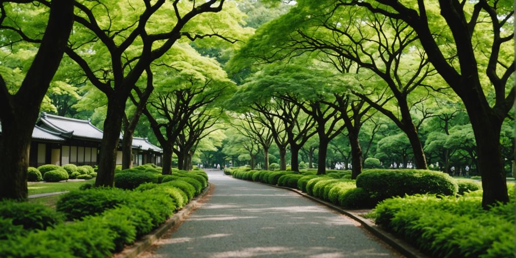 A peaceful park in Tokyo with green trees and paths.