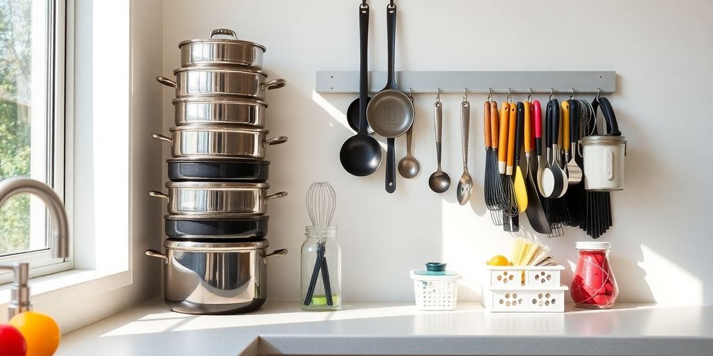 Clever kitchen storage maximizing small countertop space.