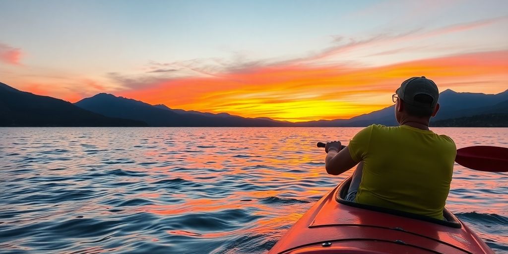 Kayaker paddling on a scenic lake.