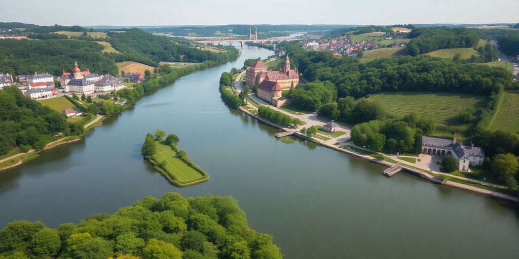 Belle vue aérienne de la Meuse en Belgique.