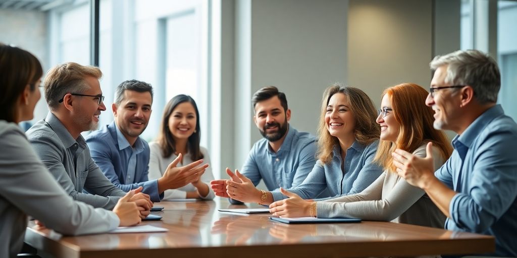 Diverse group of professionals collaborating in a meeting.