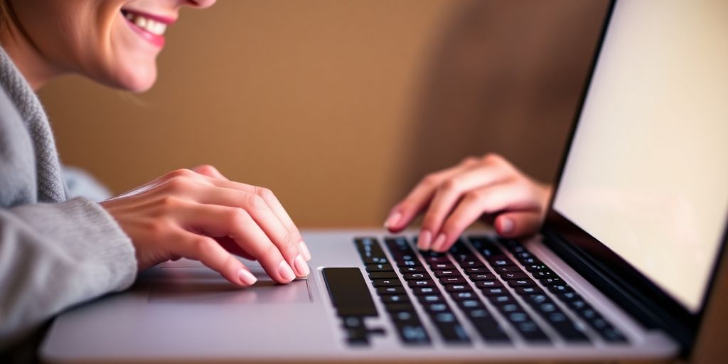 Woman typing on laptop, smiling