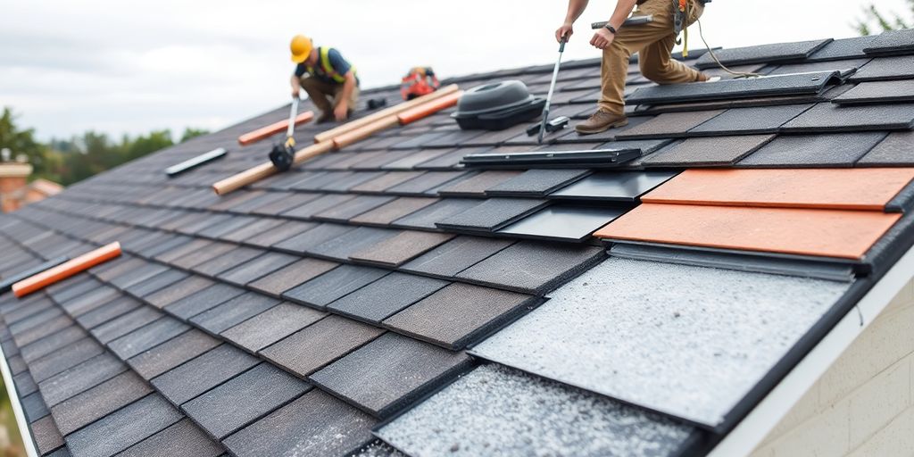 Dakrenovatie met werkers en materialen op een woning.