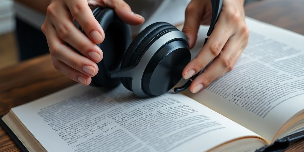 Person holding headphones near open book