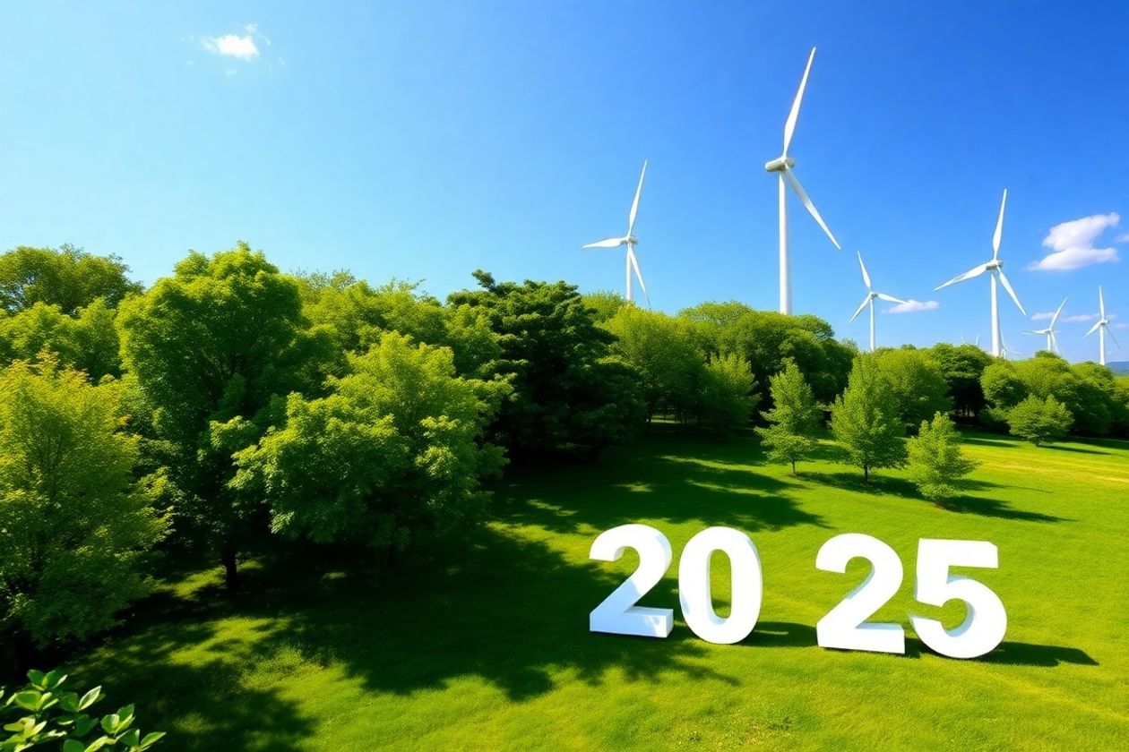 Paysage durable avec des arbres, éoliennes et ciel bleu.