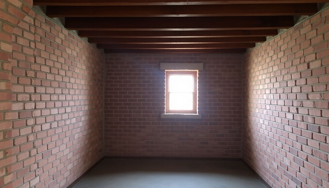 Realistic basement with exposed brick and wooden beams.
