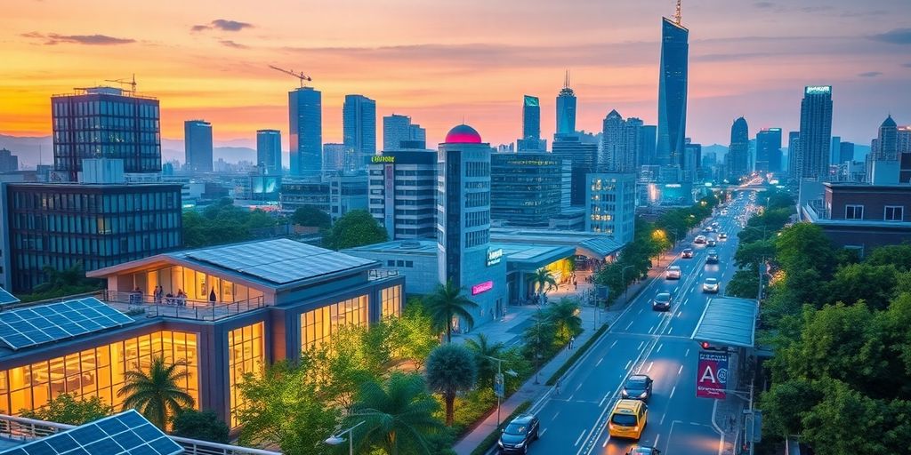 Vibrant cityscape showcasing smart technology and green spaces.