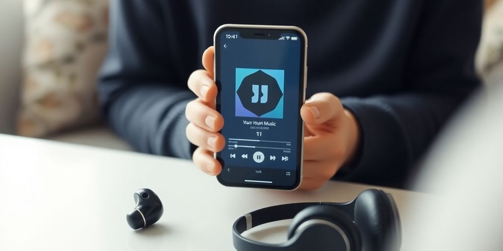 Person holding phone with music app, headphones nearby.