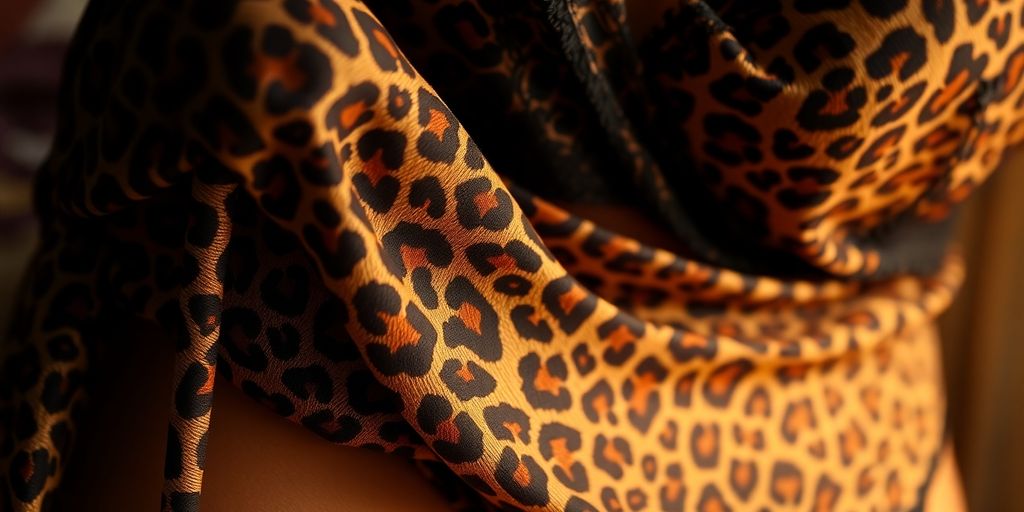 Leopard print lingerie, close-up, soft lighting, luxurious fabric.