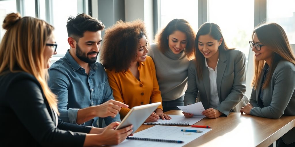 Young diverse professionals collaborating in a modern office.