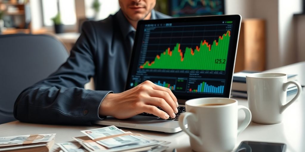 Trader analyzing financial data in a modern office.