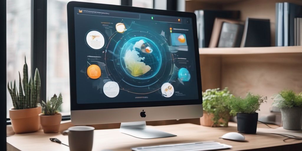 e-learning platform interface on computer screen with educational graphics and design elements