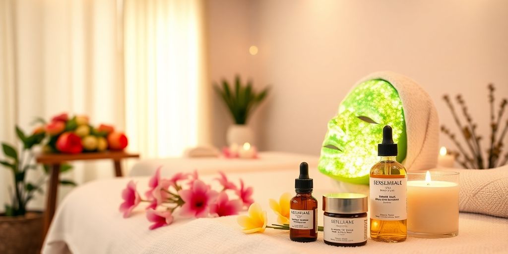 Spa setting with skincare products and flowers.