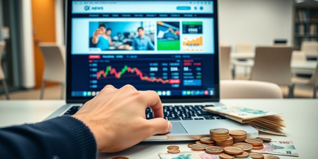 Laptop displaying financial news, surrounded by currency.