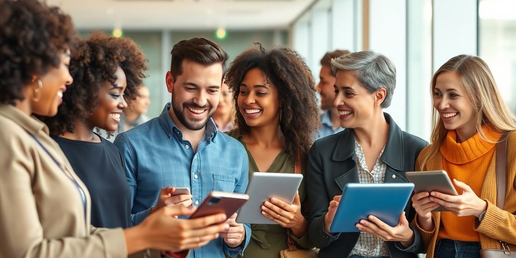 Diverse individuals having a conversation with digital devices.