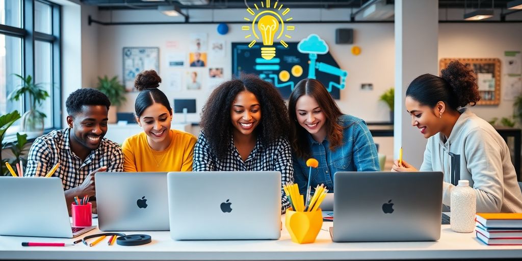 Diverse team collaborating on generative AI projects in office.