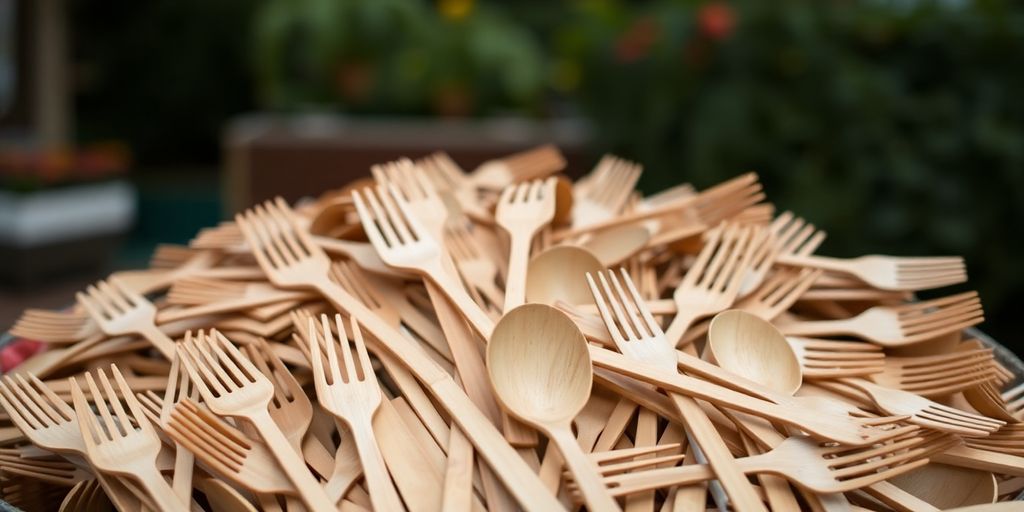 Compostable cutlery piled high.
