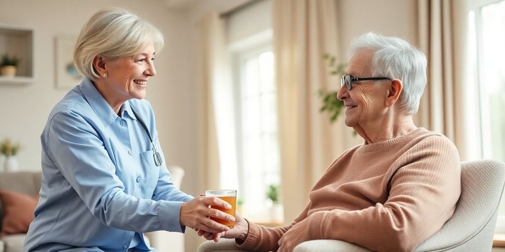 A kind caregiver helping an elderly person at home. Dementia care at home. Dementia care tips 