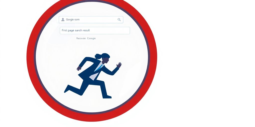 Person running from a magnifying glass with a first-page search result.