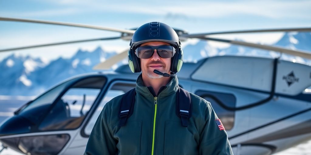 A helicopter pilot stands before a snowy Alaskan mountain range.