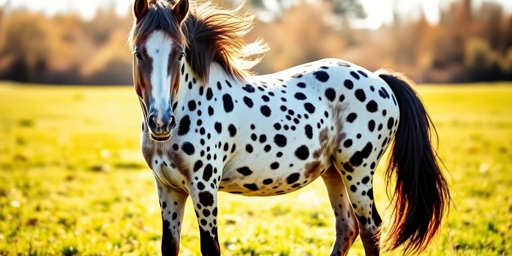 A striking spotted horse in a sunlit field.