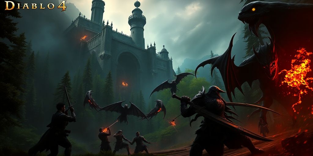 Dynamic combat scene from Diablo 4 with warrior and creatures.