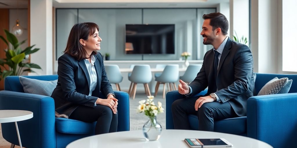 Bürointerview mit Personalvermittler und Kandidat, moderne Umgebung.