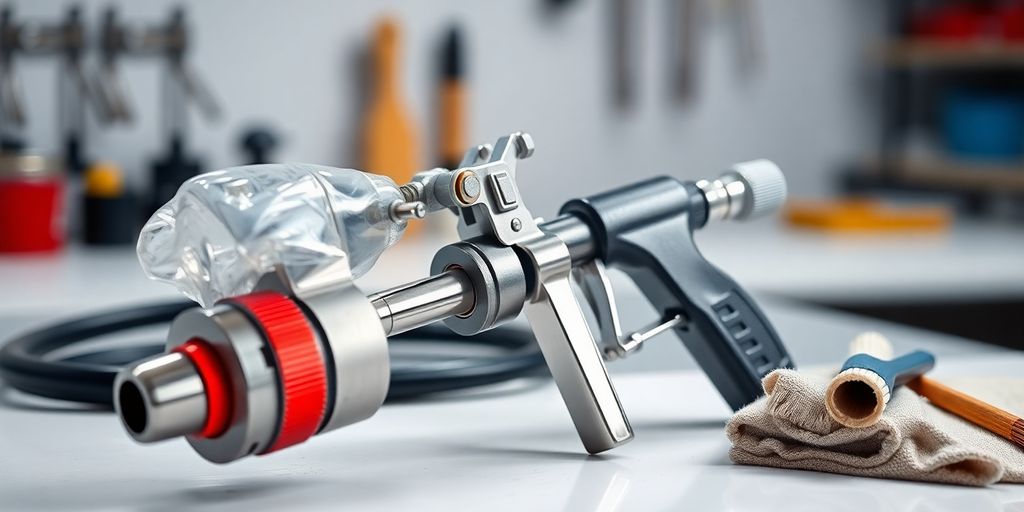 Well-maintained spray gun on a clean workbench.