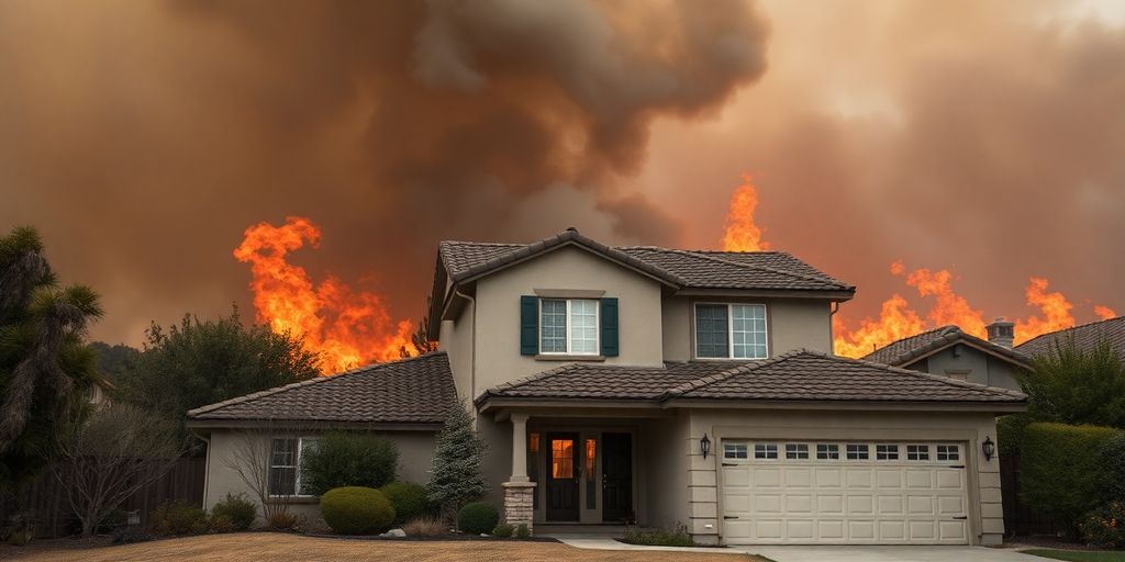 California home threatened by wildfire smoke and flames.