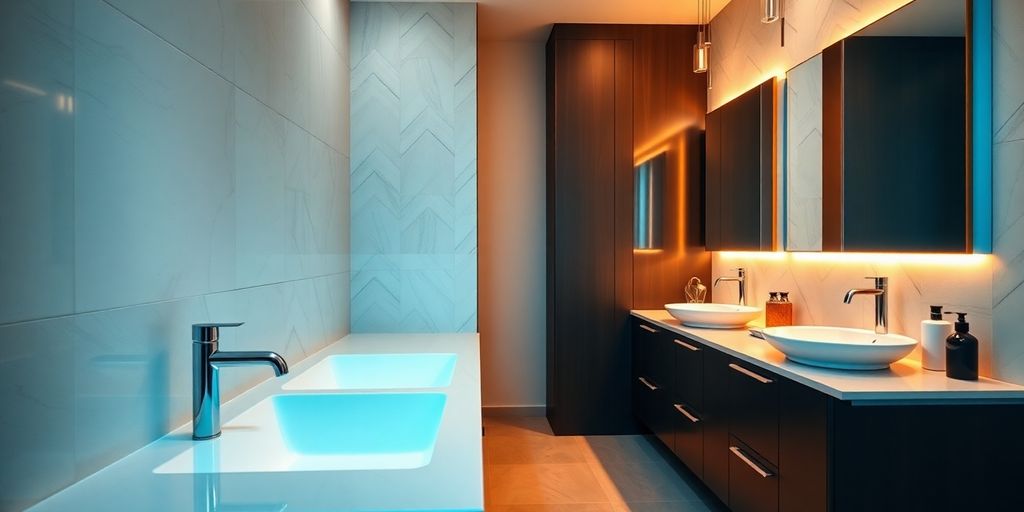 Modern bathroom and kitchen with smart technology features.