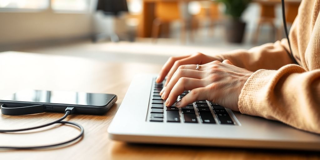 Person using laptop, phone, and headset