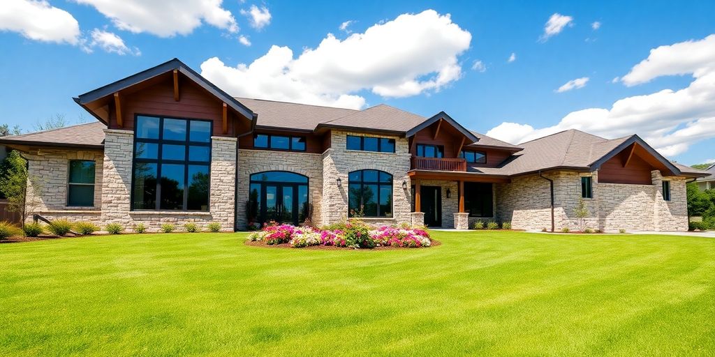 Modern home, green lawn, clear sky, Roswell.