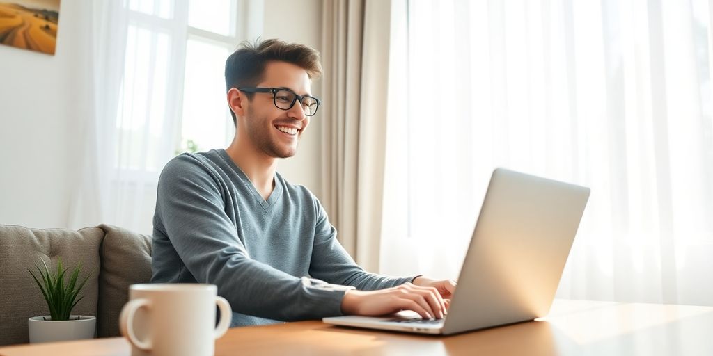 Person at desk with laptop, smiling.