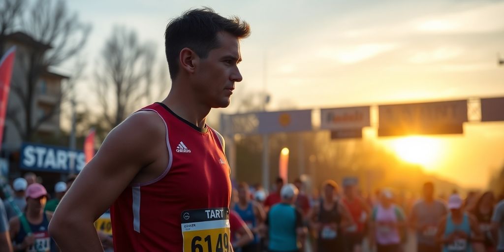 Runner contemplating at the start line before marathon.