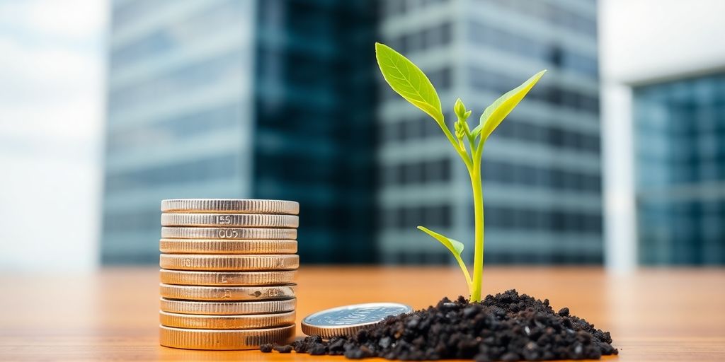 Coins stacked, growing plant, Charles Schwab building.