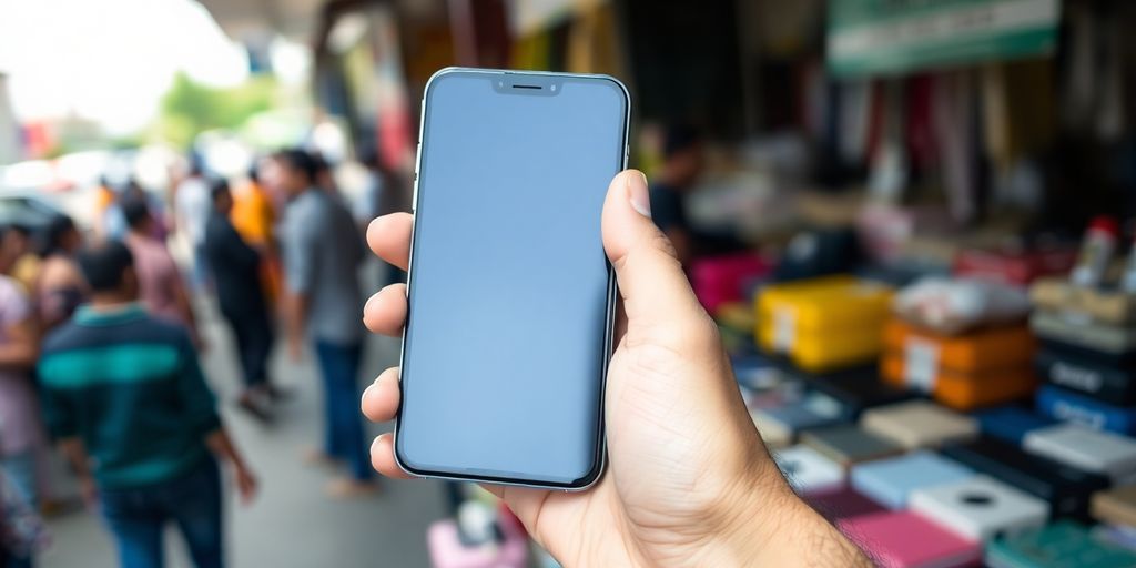 Mão segurando smartphone usado em mercado.