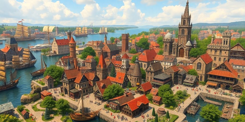 Lebendige Stadtansicht mit Märkten und Handelsschiffen.