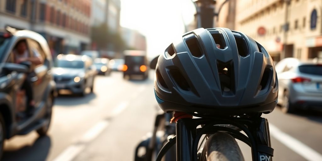 Bicycle on street with helmet and safety gear nearby.