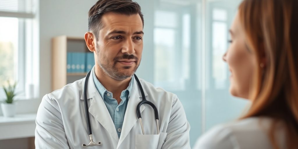 Doctor and patient discuss in clinic.