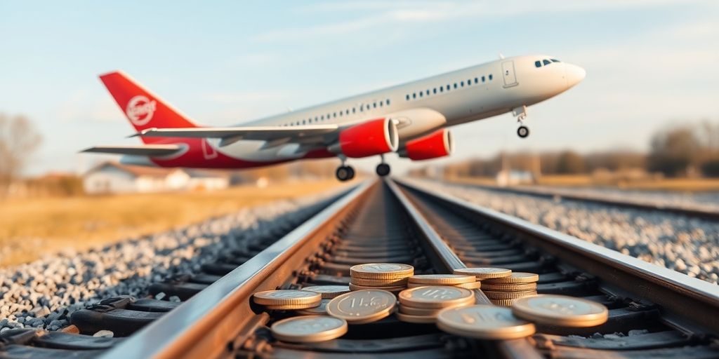 Airplane flying over train tracks with euro coins.