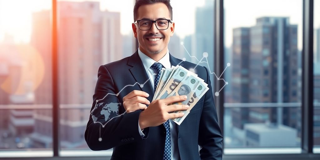 Man smiling, holding money, digital overlay.